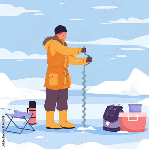 Winter fishing in frozen mountain lake landscape. Male fisherman in warm jacket sitting on folding chair with fishing rod to catch fish in hole in ice, man waiting cartoon