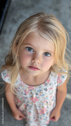 A girl looking up at an adult