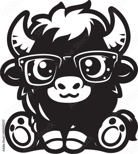 Cute little bison wearing glasses vector illustration silhouette