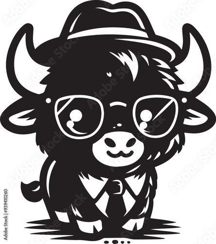 Cute little bison wearing glasses vector illustration silhouette