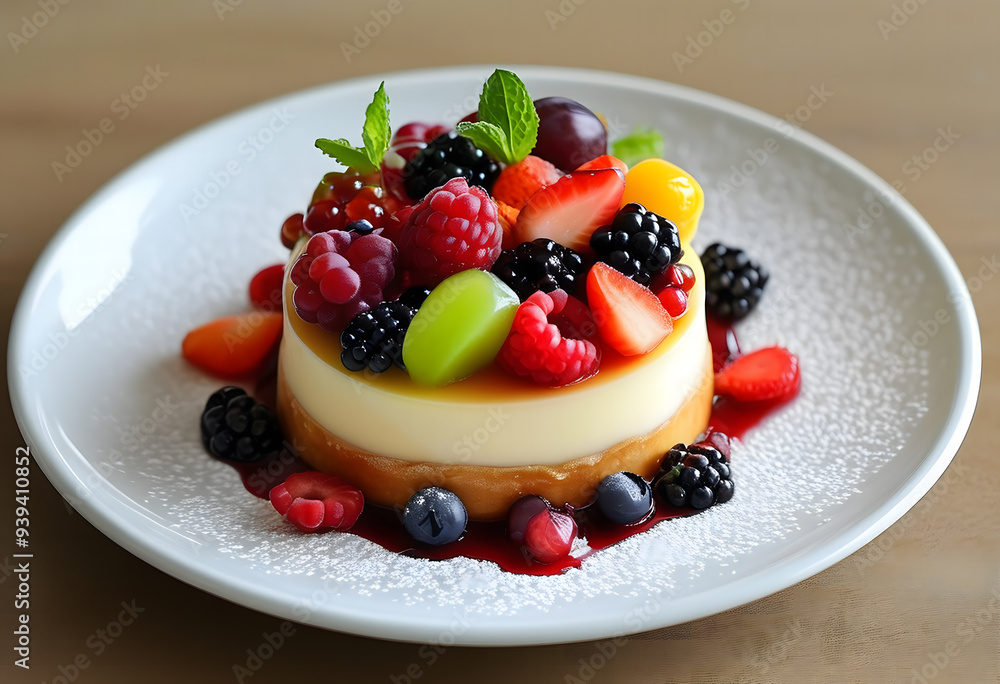 A dessert with a cream base and colorful fruits on top, beautifully arranged on a white plate A dessert with a cream base and colorful fruits on top, beautifully arranged on a white plate