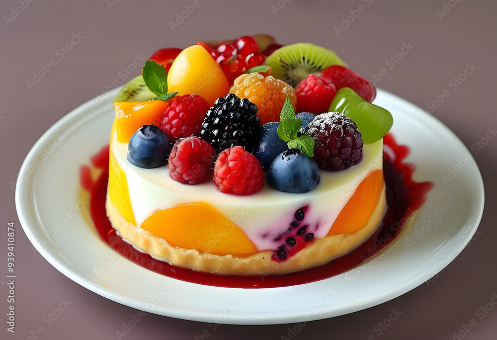 A dessert with a cream base and colorful fruits on top, beautifully arranged on a white plate A dessert with a cream base and colorful fruits on top, beautifully arranged on a white plate