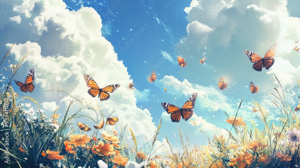 Fototapeta premium Beautiful butterflies fluttering over a vibrant field in heaven, surrounded by dynamic white-light blue clouds, peaceful and lively