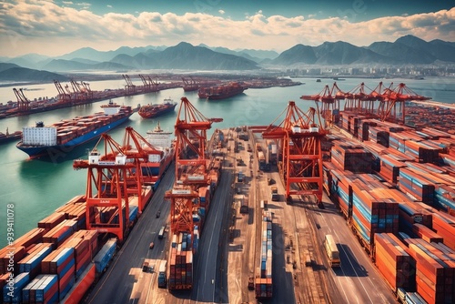 Wallpaper Mural ndustrial Port with Container Ships and Cranes Torontodigital.ca