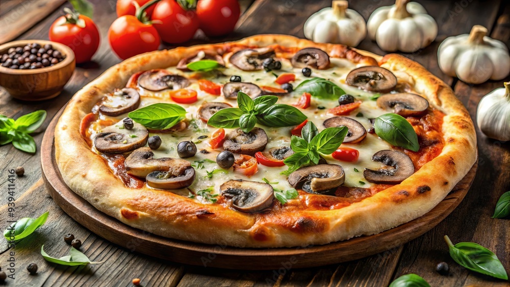 Delicious gourmet pizza with fresh black pepper and mushrooms on a crispy crust Delicious gourmet pizza with fresh black pepper and mushrooms on a crispy crust