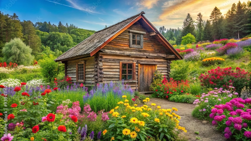Rustic cabin surrounded by colorful flowers in a whimsical garden setting