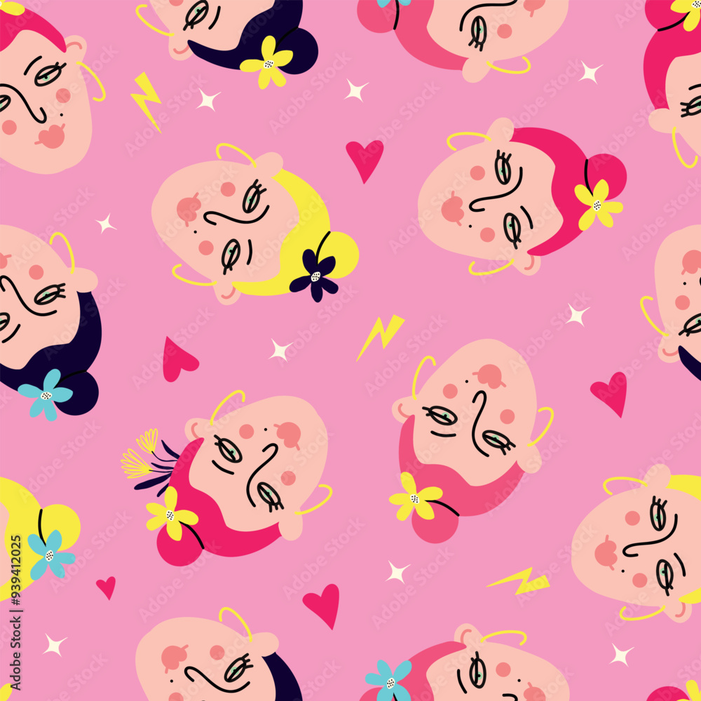 Bright pattern with funny girly faces, hearts and stars on a pink background Bright pattern with funny girly faces, hearts and stars on a pink background