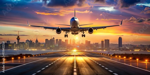 Airplane taking off on a sunset-lit runway with cityscape background, runway lights, and landing gear deployed photo