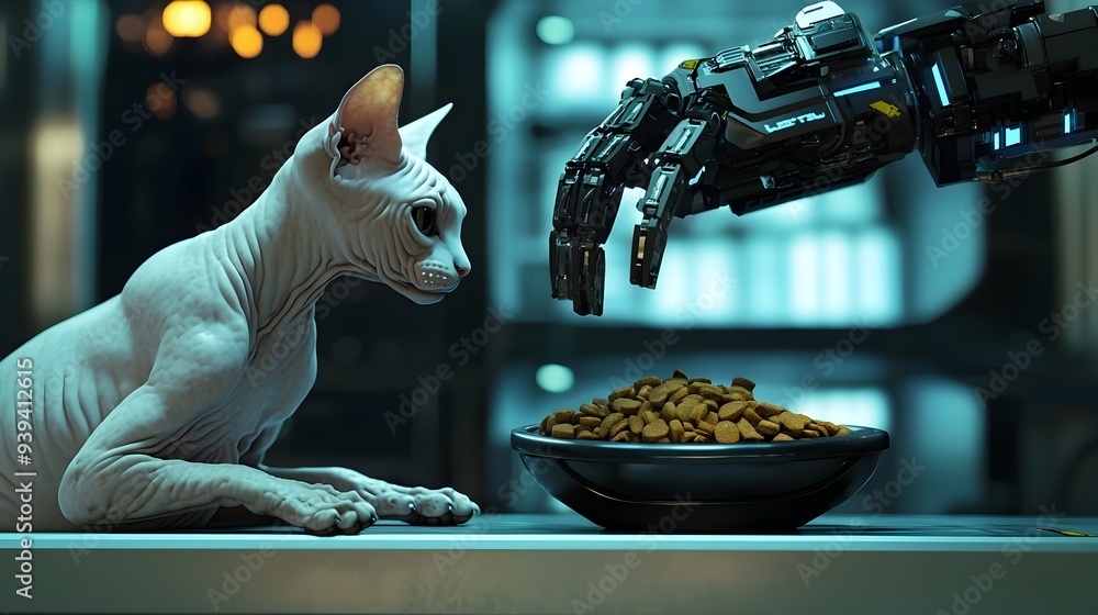 Obraz premium Futuristic Robotic Arm Serving Nutritious Cat Food to Sphynx Cat in Sci-Fi Setting