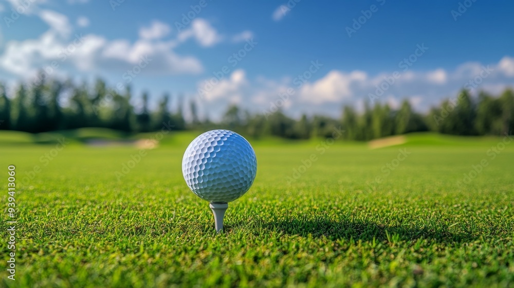 Detailed view of a golf ball on a tee, with a picturesque golf course and blue sky in the background Detailed view of a golf ball on a tee, with a picturesque golf course and blue sky in the background