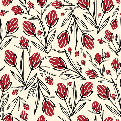 Stylized creative vibrant quirky expressive floral pattern in 60s in bright pink and red juicy colors