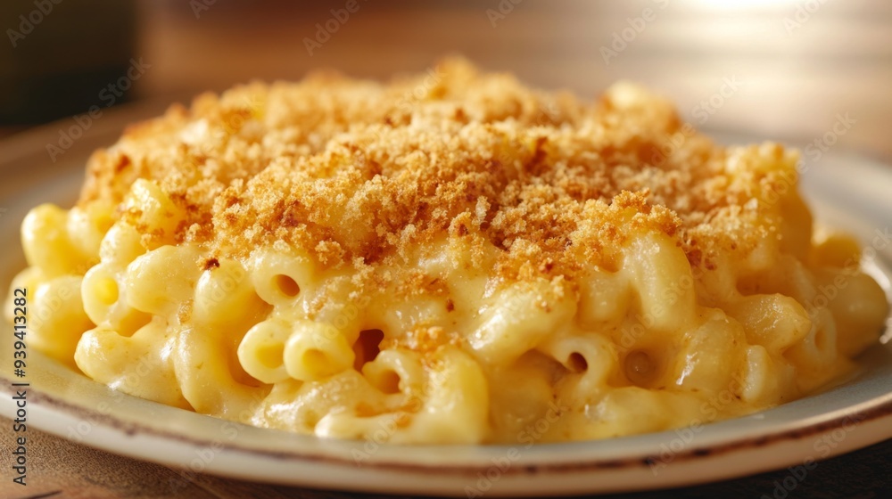 Detailed view of a hearty plate of mac and cheese with melted cheese and breadcrumbs Detailed view of a hearty plate of mac and cheese with melted cheese and breadcrumbs