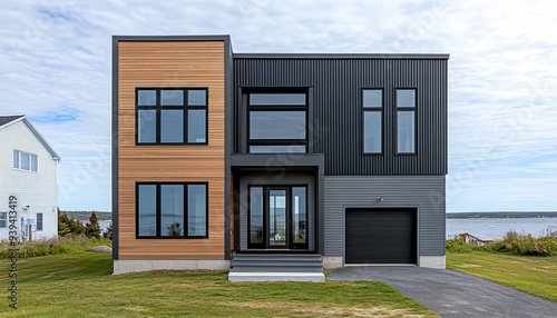 Wallpaper Mural Modern two-story house with wooden siding and black metal accents, featuring a large window overlooking a body of water. Torontodigital.ca