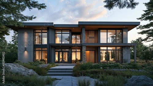 Modern house with large windows and wooden accents, surrounded by lush greenery.