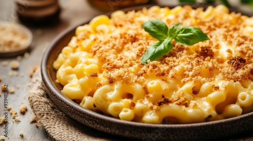 Detailed view of a hearty plate of mac and cheese with melted cheese and breadcrumbs