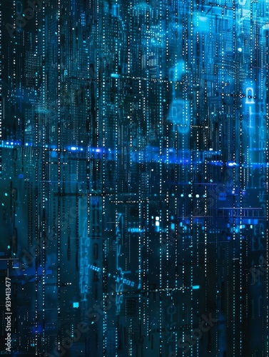 This image depicts vertical strings of data cascading dynamically in a digital blue matrix, closely resembling virtual rain in a cyber environment.