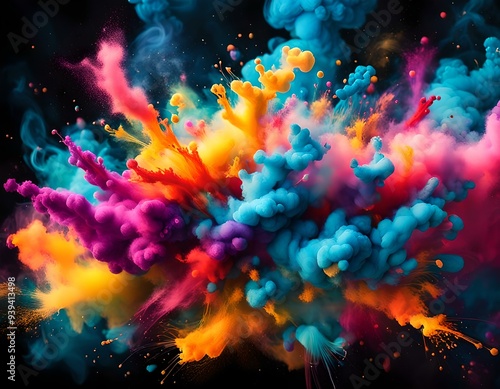 éclats de peinture orange, bleu, violet et rose