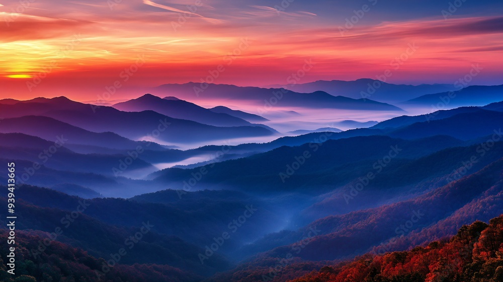 Majesty Awakens: Sunrise Over Vibrant Mountain Range Majesty Awakens: Sunrise Over Vibrant Mountain Range