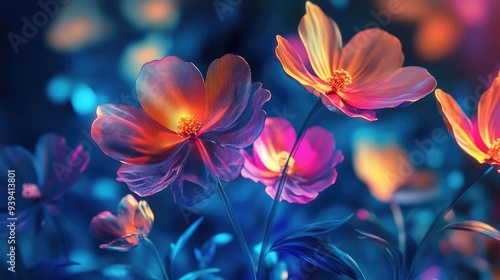 Dynamic futuristic background with vibrant, beautiful flowers, symbolizing meaning and growth in human life