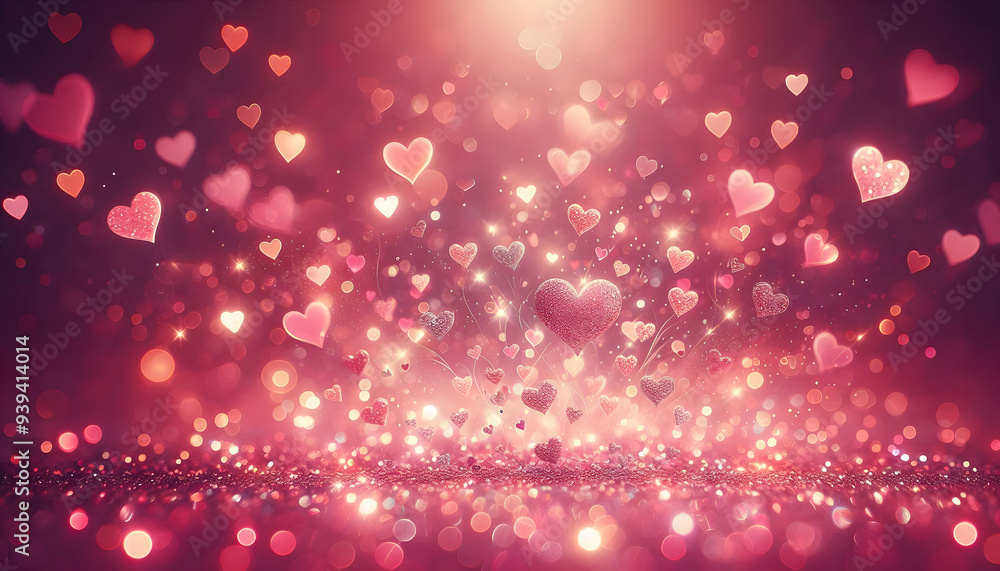 A shiny pink background with bokeh and heart shapes, reminiscent of a romantic atmosphere A shiny pink background with bokeh and heart shapes, reminiscent of a romantic atmosphere