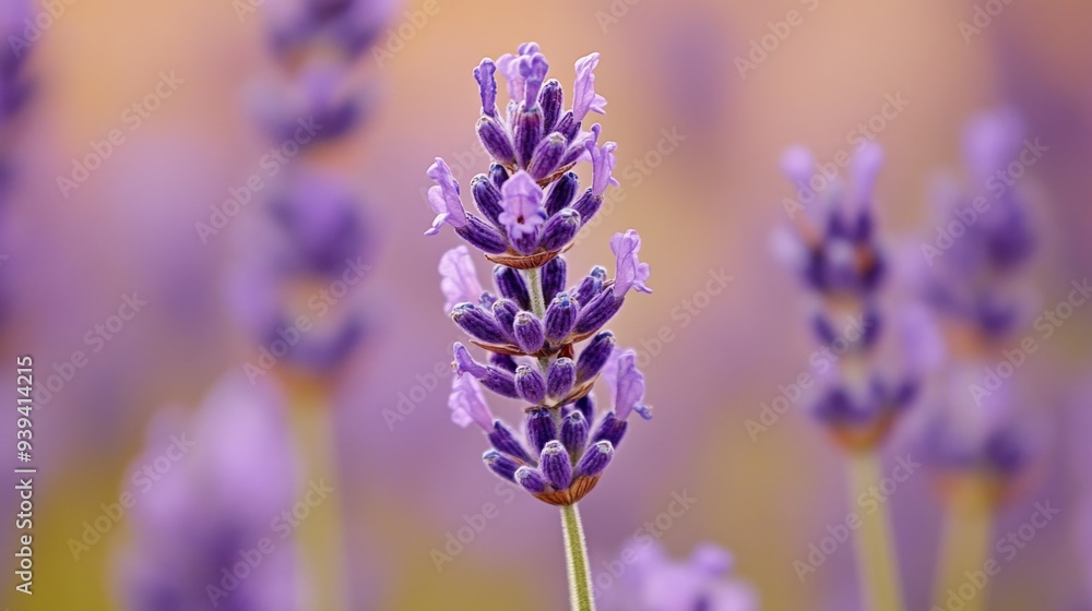 Detailed view of a lavender field, highlighting a single stem with tiny purple flowers Detailed view of a lavender field, highlighting a single stem with tiny purple flowers