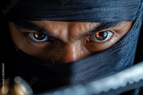 A dramatic scene of a ninja emerging from the shadows, with their katana drawn and eyes focused, ready for an intense, silent battle photo