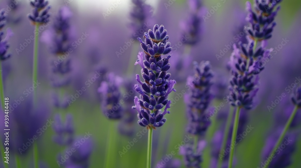 Detailed view of a lavender field, highlighting a single stem with tiny purple flowers Detailed view of a lavender field, highlighting a single stem with tiny purple flowers