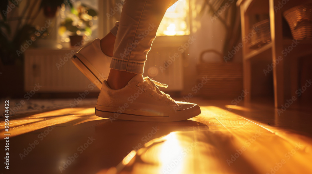 A close-up of a woman in a stretching position, focus on the shoe and her hand gripping it, A close-up of a woman in a stretching position, focus on the shoe and her hand gripping it,