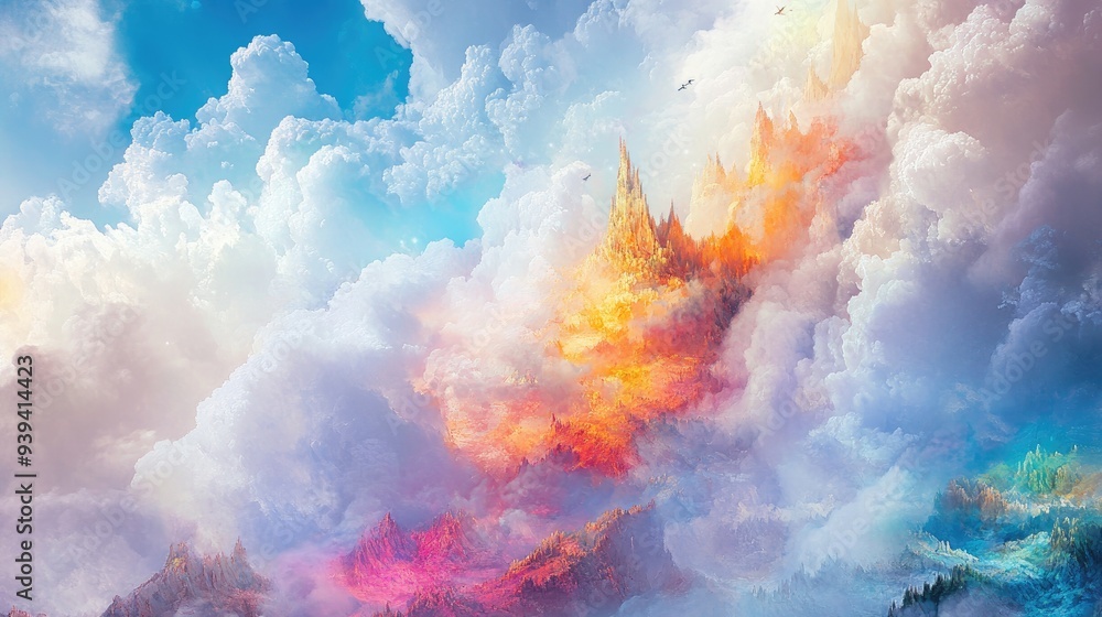 Ethereal land in a dream, filled with vibrant colors and beauty, set against a heavenly white-blue cloud backdrop Ethereal land in a dream, filled with vibrant colors and beauty, set against a heavenly white-blue cloud backdrop