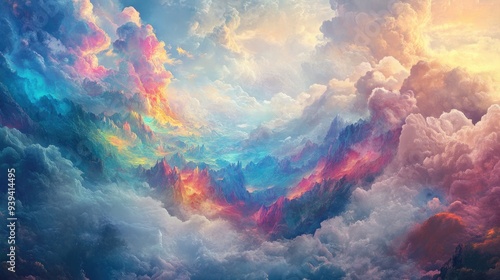 Ethereal land in a human dream, filled with vibrant colors, set against a white-blue cloud background, heavenly and peaceful