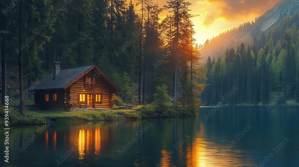 Fototapeta premium idyllic log cabin retreat rustic wooden structure nestled among towering pines overlooking serene mountain lake golden hour lighting enhancing natural beauty and tranquility