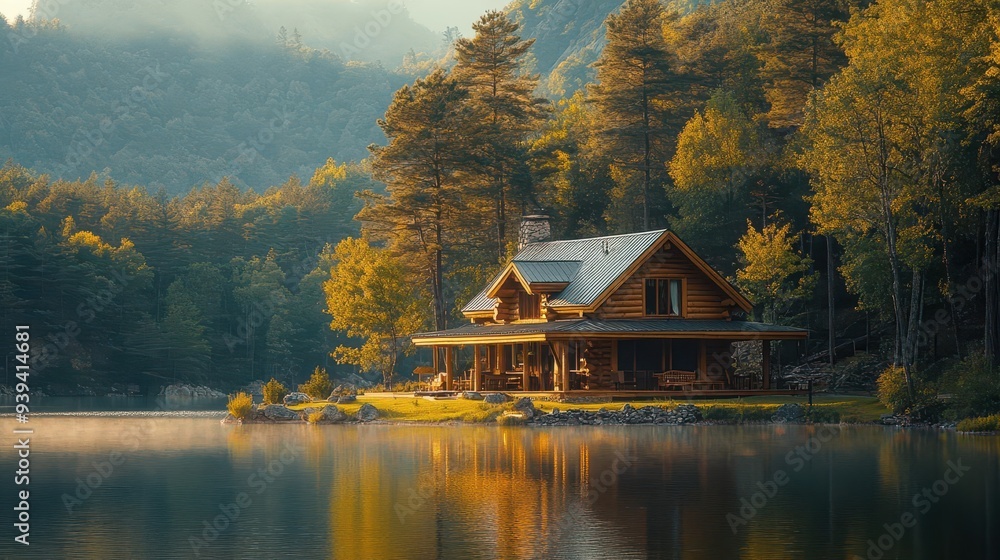 idyllic log cabin retreat rustic wooden structure nestled among towering pines overlooking serene mountain lake golden hour lighting enhancing natural beauty and tranquility idyllic log cabin retreat rustic wooden structure nestled among towering pines overlooking serene mountain lake golden hour lighting enhancing natural beauty and tranquility