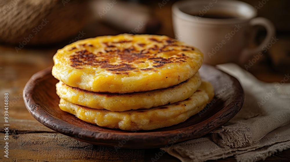 Realistic Arepa on Traditional Plate on Rustic Wooden Table Realistic Arepa on Traditional Plate on Rustic Wooden Table