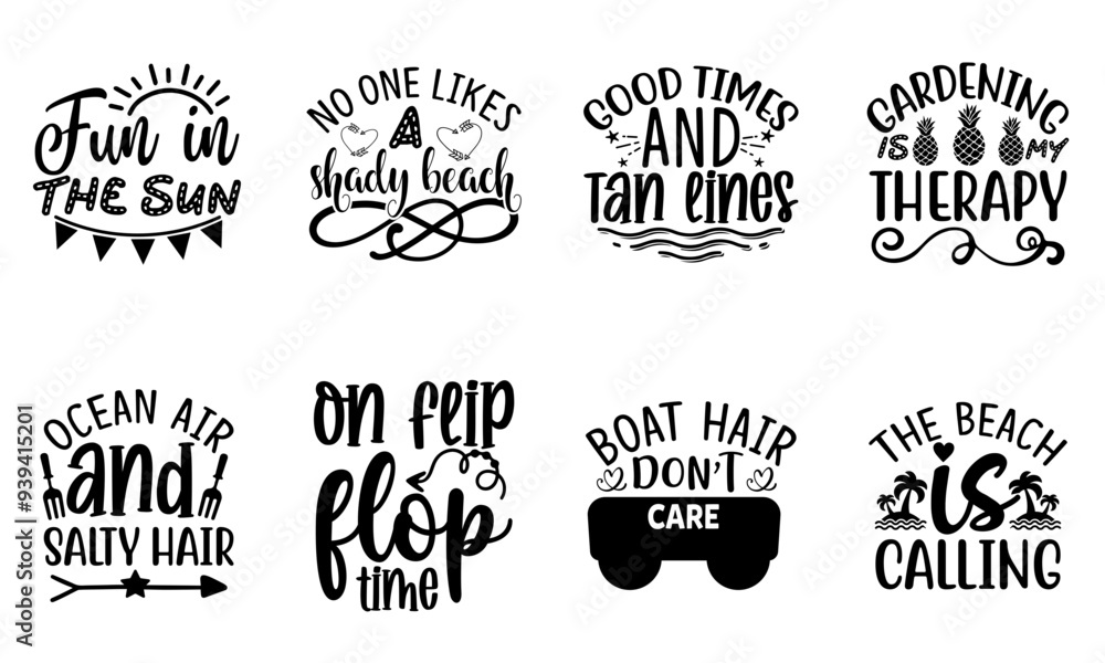 Fototapeta premium Vibrant Summer Vacation Quotes T Shirt Calligraphic Lettering, Phrases Pack Vector Illustration for Holiday Cards, Decal, Printing Press