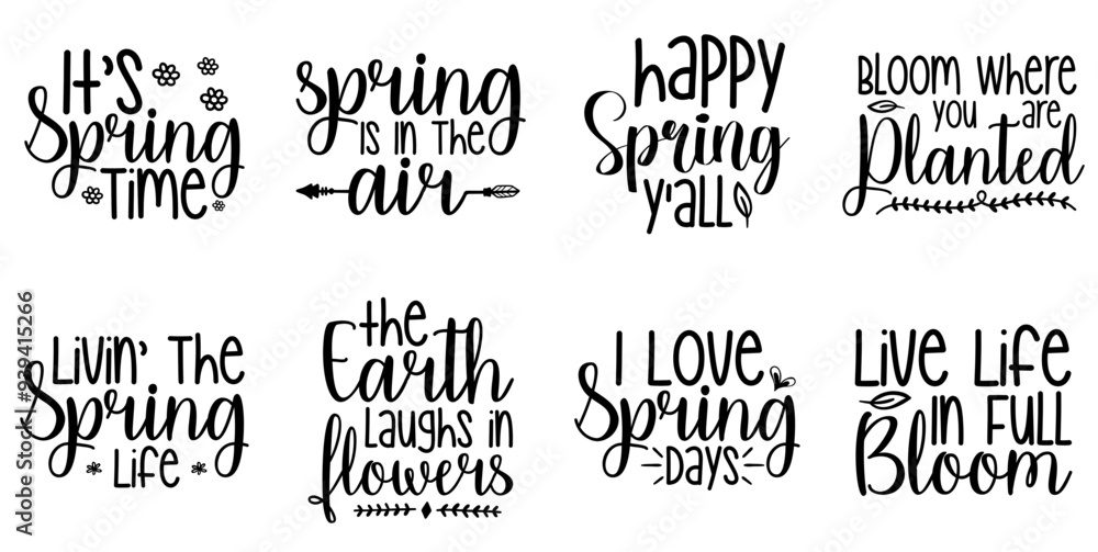 Fototapeta premium Creative Spring Quotes, Typographic Emblems Set Vector Illustration for Postcard, Bookmark, Brochure