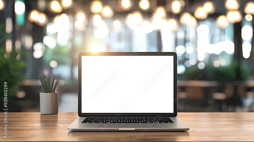 Blank Laptop Screen on Wooden Desk in Blurred Office Setting Blank Laptop Screen on Wooden Desk in Blurred Office Setting
