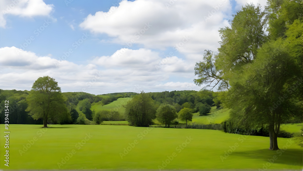 A green field with trees and bushes in the background A green field with trees and bushes in the background