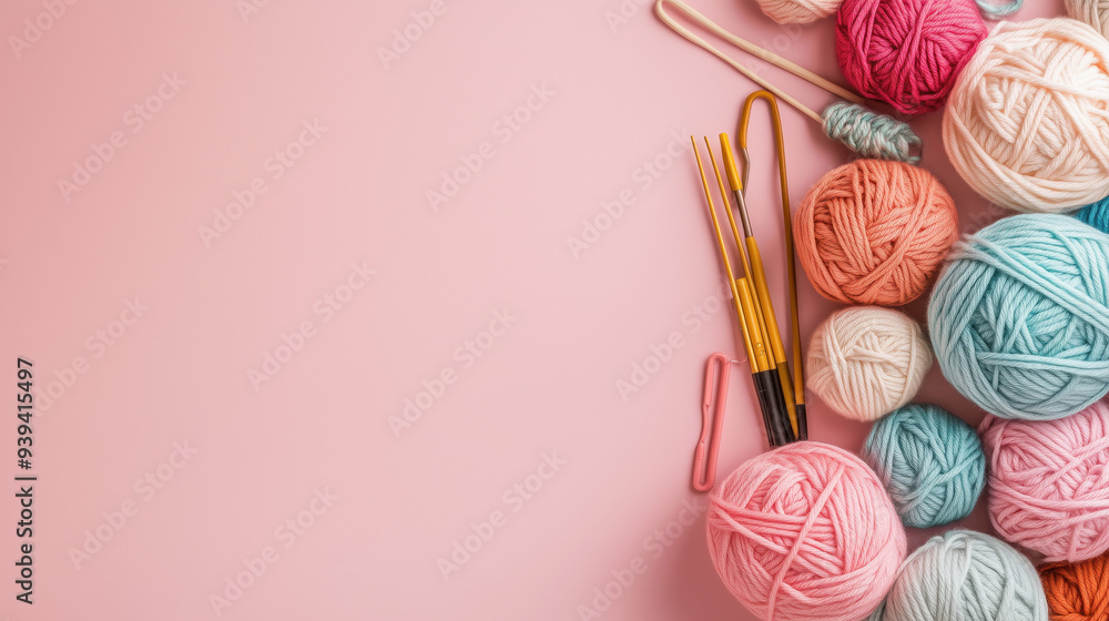 custom made wallpaper toronto digitalassorted knitting twisted yarns and crochet tools on pastel pink background with copy space for background, website design banner