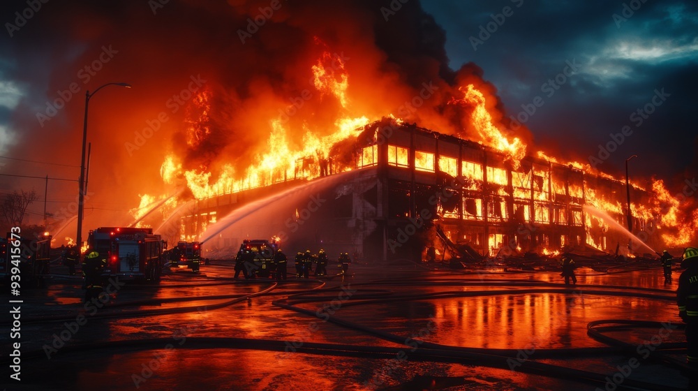 Detailed view of a large fire consuming a commercial building, with firefighters and hoses working to control the blaze Detailed view of a large fire consuming a commercial building, with firefighters and hoses working to control the blaze