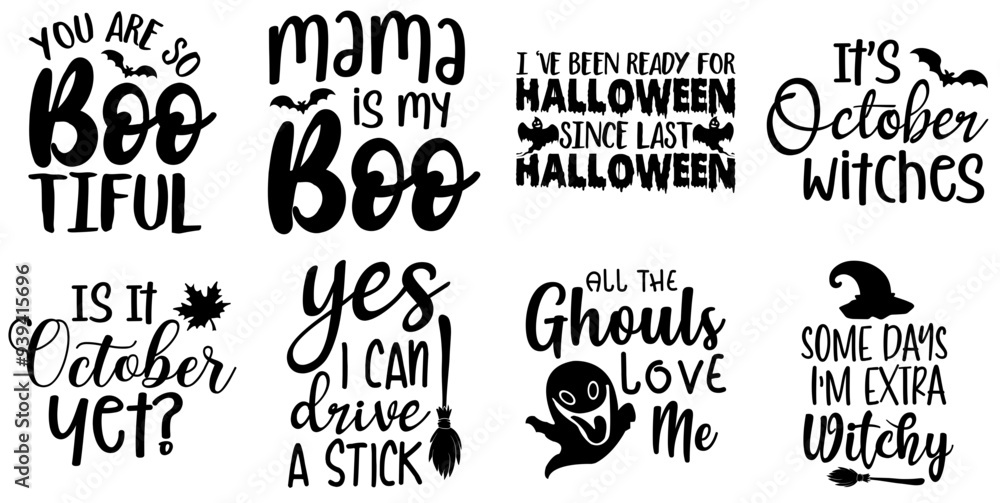 Fototapeta premium Modern Halloween Invitation, Inscriptions Set Vector Illustration for Logo, Postcard, Decal