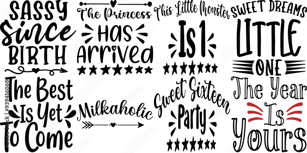 Obraz premium Minimalist Birthday Calligraphy, Invitation Bundle Vector Illustration for T-Shirt Design, Wrapping Paper, Flyer