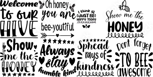 Colourful Bee Calligraphy, Typographic Emblems Set Vector Illustration for Postcard, T-Shirt Design, Logo