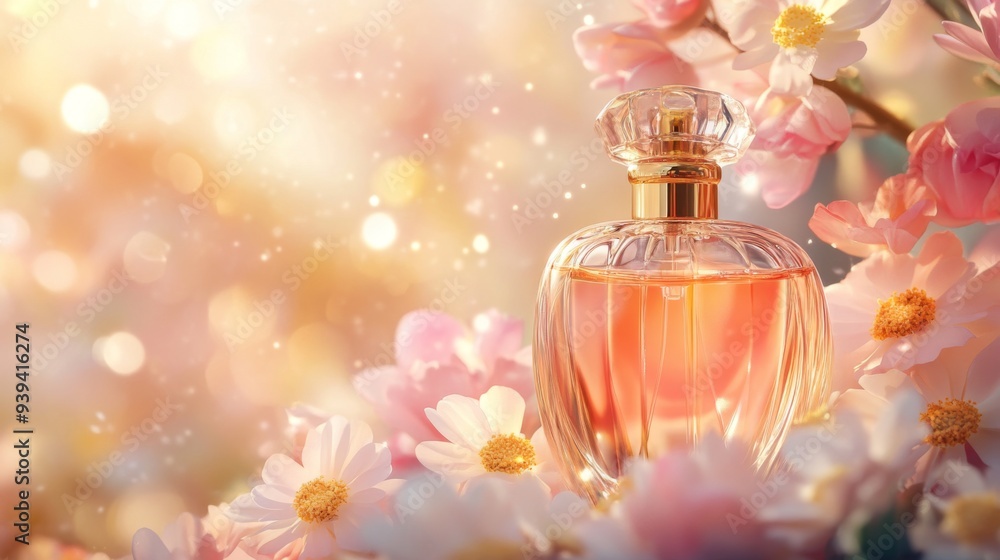 Detailed view of a luxury perfume bottle with a gold cap and clear liquid, surrounded by flowers and a chic background Detailed view of a luxury perfume bottle with a gold cap and clear liquid, surrounded by flowers and a chic background