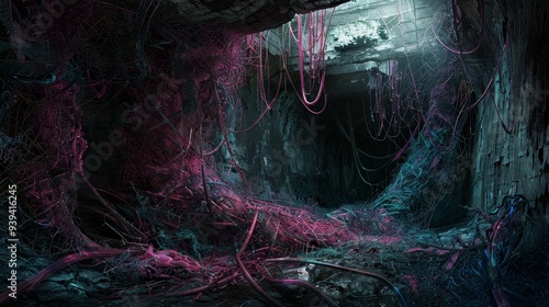 A dark and desolate tunnel filled with glowing pink and blue wires, creating an eerie and futuristic environment. photo