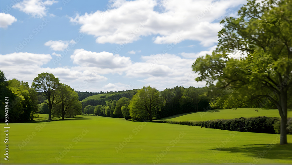 A green field with trees and bushes in the background A green field with trees and bushes in the background