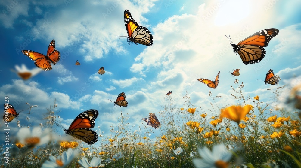 Vibrant butterflies in flight over a beautiful field in heaven, with a dynamic white-light blue cloud background, ethereal and serene Vibrant butterflies in flight over a beautiful field in heaven, with a dynamic white-light blue cloud background, ethereal and serene