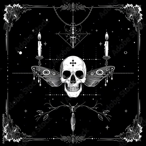 Skull and Moth chain and candles black and white illustration