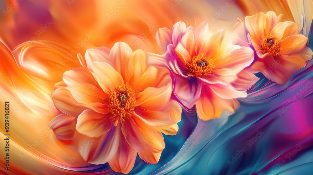 Obraz premium Vibrant flowers in an abstract design, with a dynamic futuristic backdrop, symbolizing beauty and meaning in human life
