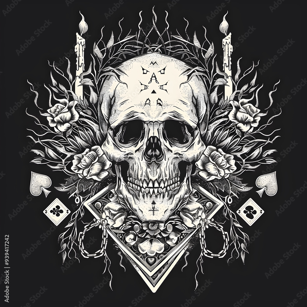 Obraz premium Skull and Playing Cards chain and candles black and white illustration