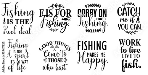 Minimalist Fishing Typographic Emblems, Inscriptions Set Vector Illustration for Decal, Printable, Magazine